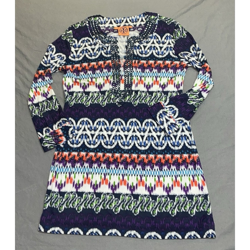 Tory Burch Dress  Tunic Womens Size Small Blue Purple Orange Green Silk Studded